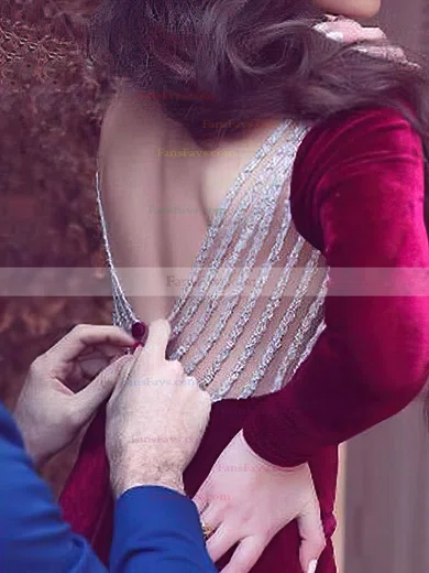 Trumpet/Mermaid Scoop Neck Velvet Sweep Train Beading Prom Dresses #Favs020106153