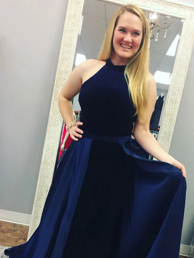 A-line Halter Satin Velvet Detachable Sashes / Ribbons Prom Dresses #Favs020106154
