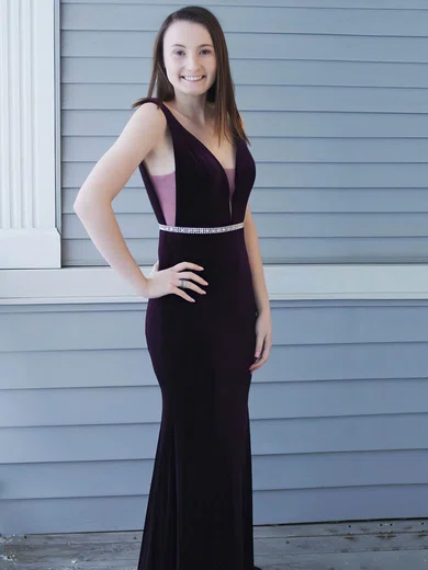 Sheath/Column V-neck Velvet Floor-length Beading Prom Dresses #Favs020106155