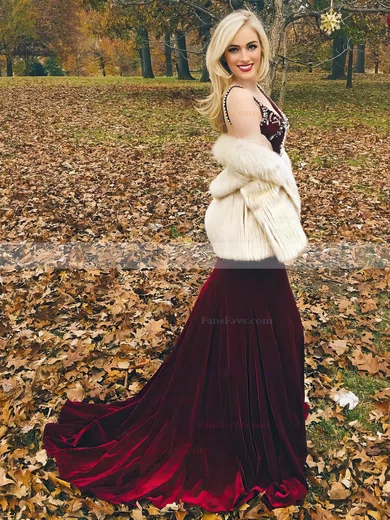 Trumpet/Mermaid V-neck Velvet Sweep Train Beading Prom Dresses #Favs020106156