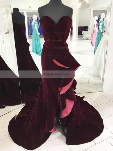Trumpet/Mermaid V-neck Velvet Sweep Train Cascading Ruffles Prom Dresses #Favs020106157