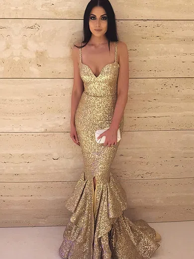 Trumpet/Mermaid V-neck Sequined Floor-length Split Front Prom Dresses #Favs020106165