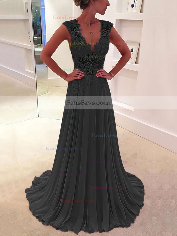 A-line V-neck Chiffon Sweep Train Appliques Lace Prom Dresses #Favs020102171