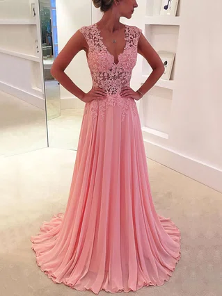 A-line V-neck Chiffon Sweep Train Appliques Lace Prom Dresses #Favs020102171 A-line V-neck Chiffon Sweep Train Appliques Lace Prom Dresses #Favs020102171