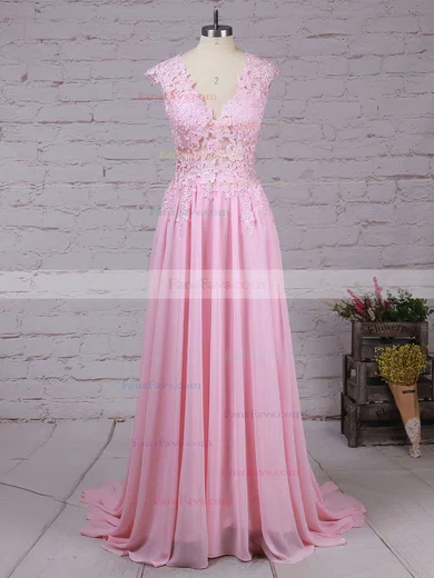A-line V-neck Chiffon Sweep Train Appliques Lace Prom Dresses #Favs020102171