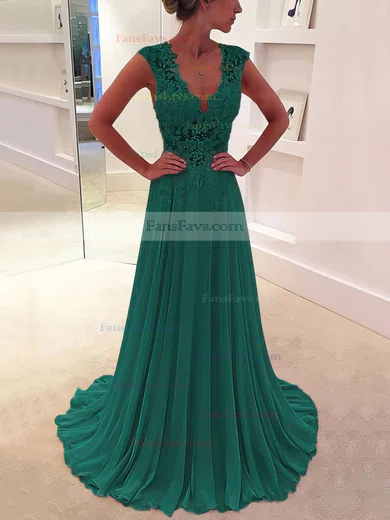 A-line V-neck Chiffon Sweep Train Appliques Lace Prom Dresses #Favs020102171