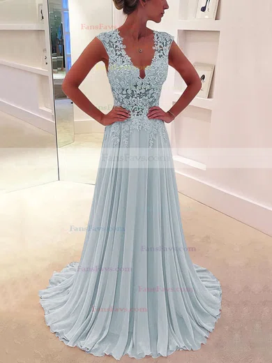 A-line V-neck Chiffon Sweep Train Appliques Lace Prom Dresses #Favs020102171