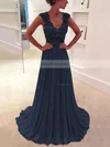 A-line V-neck Chiffon Sweep Train Appliques Lace Prom Dresses #Favs020102171