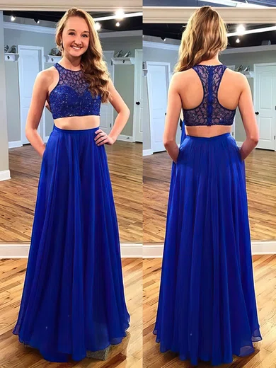 A-line Scoop Neck Chiffon Floor-length Beading Prom Dresses #Favs020102173
