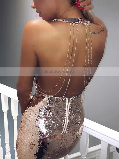 Sheath/Column V-neck Sequined Short/Mini Prom Dresses #Favs020106185