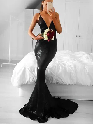 Trumpet/Mermaid V-neck Sequined Sweep Train Prom Dresses #Favs020106196 Trumpet/Mermaid V-neck Sequined Sweep Train Prom Dresses #Favs020106196