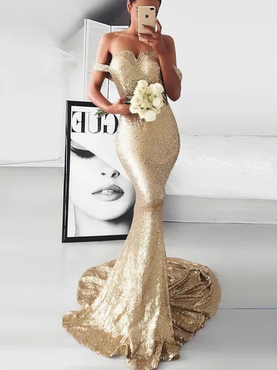Trumpet/Mermaid Off-the-shoulder Sequined Sweep Train Prom Dresses #Favs020106197