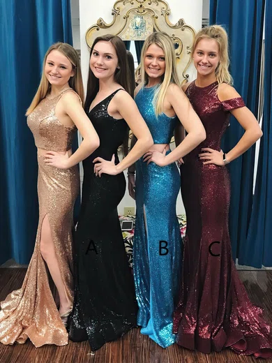 Trumpet/Mermaid Scoop Neck Sequined Sweep Train Split Front Prom Dresses #Favs020106198