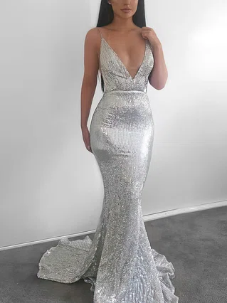Trumpet/Mermaid V-neck Sequined Sweep Train Prom Dresses #Favs020106202 Trumpet/Mermaid V-neck Sequined Sweep Train Prom Dresses #Favs020106202