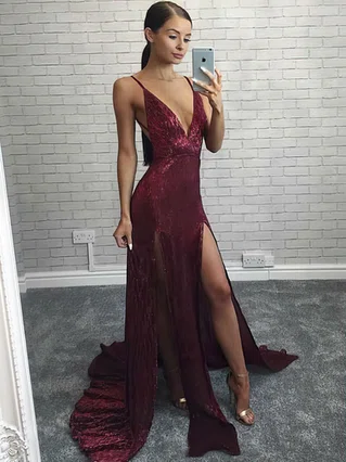 Sheath/Column V-neck Sequined Sweep Train Split Front Prom Dresses #Favs020106205 Sheath/Column V-neck Sequined Sweep Train Split Front Prom Dresses #Favs020106205