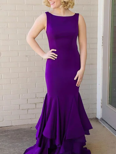 Trumpet/Mermaid Scoop Neck Jersey Floor-length Cascading Ruffles Prom Dresses #Favs020106220