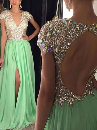 A-line V-neck Chiffon Sweep Train Split Front Prom Dresses #Favs020102202 A-line V-neck Chiffon Sweep Train Split Front Prom Dresses #Favs020102202