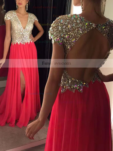 A-line V-neck Chiffon Sweep Train Split Front Prom Dresses #Favs020102202