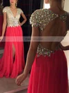 A-line V-neck Chiffon Sweep Train Split Front Prom Dresses #Favs020102202
