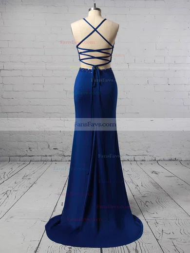 Sheath/Column Scoop Neck Jersey Sweep Train Beading Prom Dresses #Favs020106237