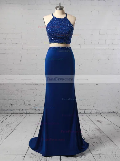 Sheath/Column Scoop Neck Jersey Sweep Train Beading Prom Dresses #Favs020106237