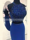 Sheath/Column Scoop Neck Jersey Sweep Train Beading Prom Dresses #Favs020106237