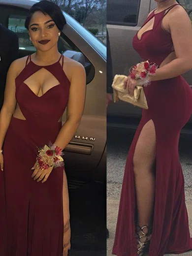 Sheath/Column Scoop Neck Jersey Floor-length Split Front Prom Dresses #Favs020106248