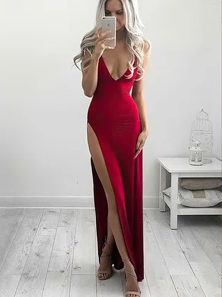 Sheath/Column V-neck Jersey Ankle-length Split Front Prom Dresses #Favs020106254 Sheath/Column V-neck Jersey Ankle-length Split Front Prom Dresses #Favs020106254