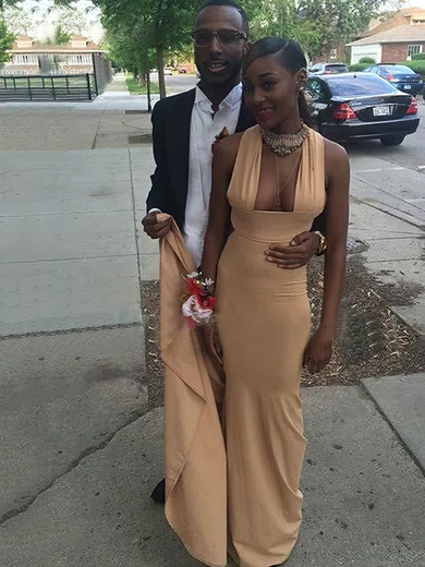 Sheath/Column V-neck Jersey Sweep Train Prom Dresses #Favs020106258