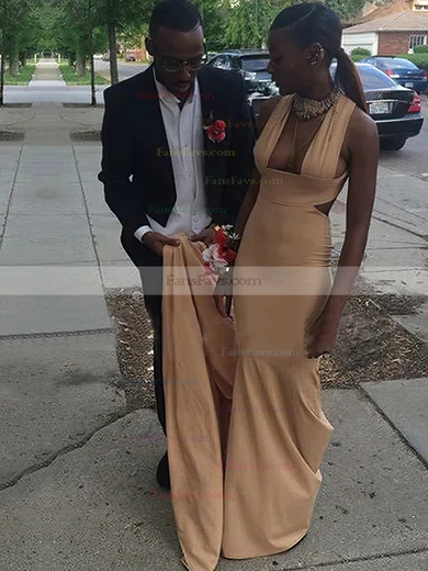 Sheath/Column V-neck Jersey Sweep Train Prom Dresses #Favs020106258