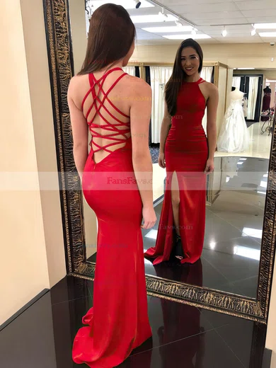 Sheath/Column Scoop Neck Stretch Crepe Floor-length Split Front Prom Dresses #Favs020106266