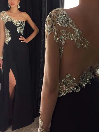 Sheath/Column One Shoulder Chiffon Sweep Train Split Front Prom Dresses #Favs020102230 Sheath/Column One Shoulder Chiffon Sweep Train Split Front Prom Dresses #Favs020102230