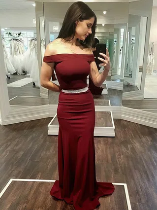 Sheath/Column Off-the-shoulder Jersey Sweep Train Sashes / Ribbons Prom Dresses #Favs020106275