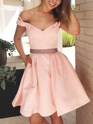 Ball Gown Off-the-shoulder Satin Short/Mini Beading Prom Dresses #Favs020106281 Ball Gown Off-the-shoulder Satin Short/Mini Beading Prom Dresses #Favs020106281