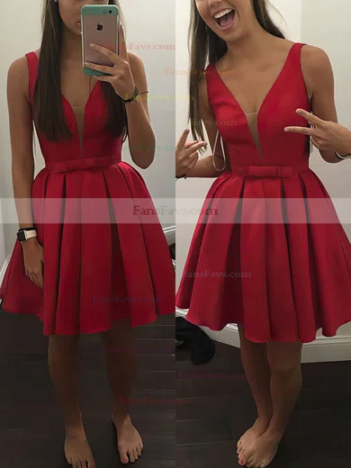 A-line V-neck Satin Short/Mini Bow Prom Dresses #Favs020106286