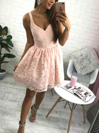 A-line V-neck Lace Short/Mini Lace Prom Dresses #Favs020106289