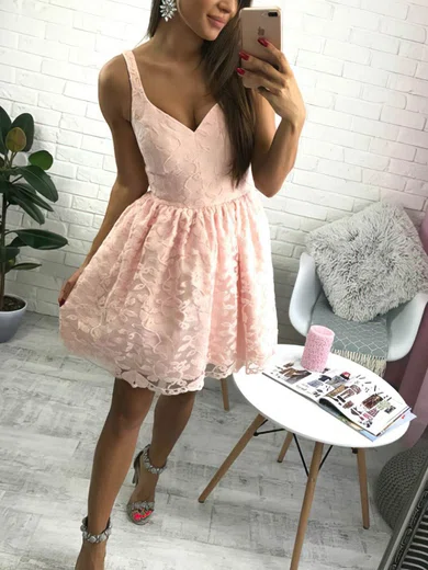 A-line V-neck Lace Short/Mini Lace Prom Dresses #Favs020106289