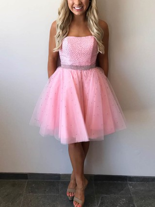 A-line Strapless Tulle Short/Mini Beading Prom Dresses #Favs020106291 A-line Strapless Tulle Short/Mini Beading Prom Dresses #Favs020106291