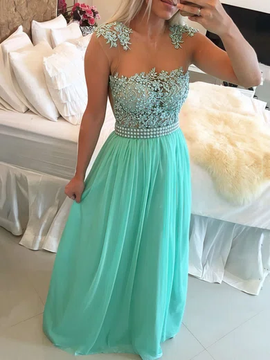 A-line Scoop Neck Chiffon Floor-length Beading Prom Dresses #Favs020102327