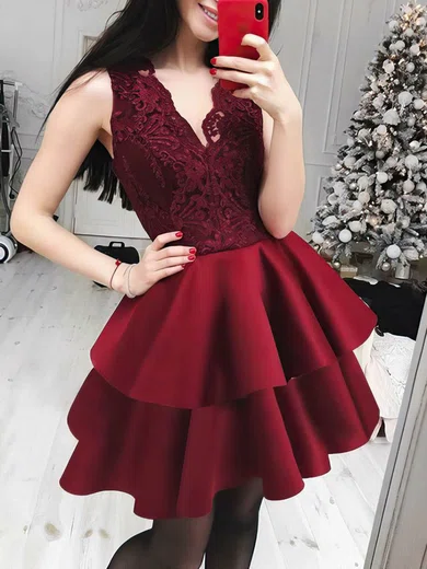 Princess V-neck Lace Satin Short/Mini Tiered Prom Dresses #Favs020106297