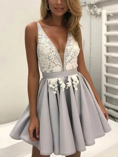 A-line V-neck Satin Short/Mini Lace Prom Dresses #Favs020106298