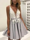A-line V-neck Satin Short/Mini Lace Prom Dresses #Favs020106298
