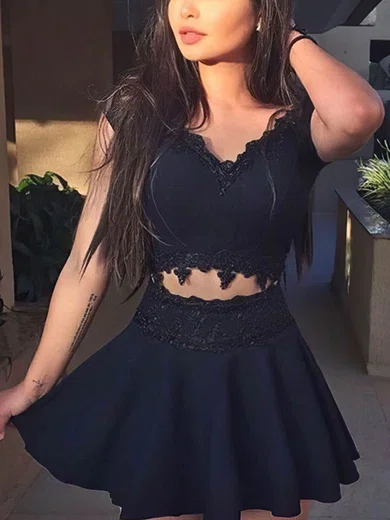 A-line V-neck Satin Short/Mini Appliques Lace Prom Dresses #Favs020106300