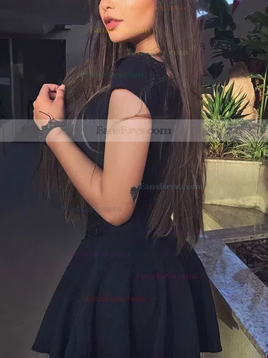 A-line V-neck Satin Short/Mini Appliques Lace Prom Dresses #Favs020106300