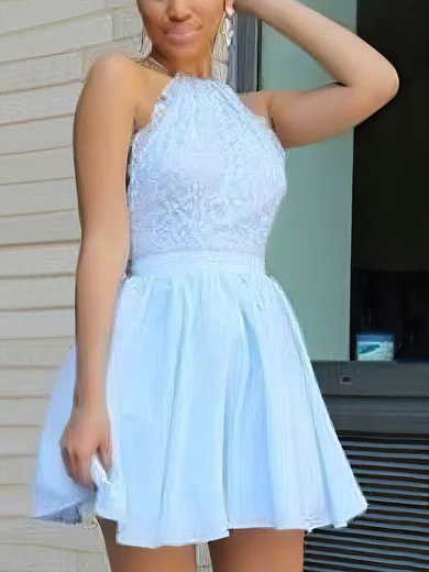 A-line Halter Chiffon Short/Mini Lace Prom Dresses #Favs020106312