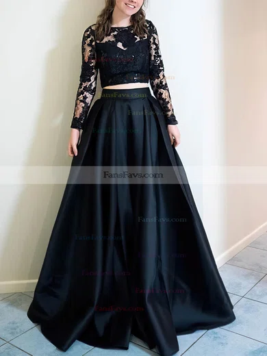 Princess Scoop Neck Lace Satin Floor-length Appliques Lace Prom Dresses #Favs020102335