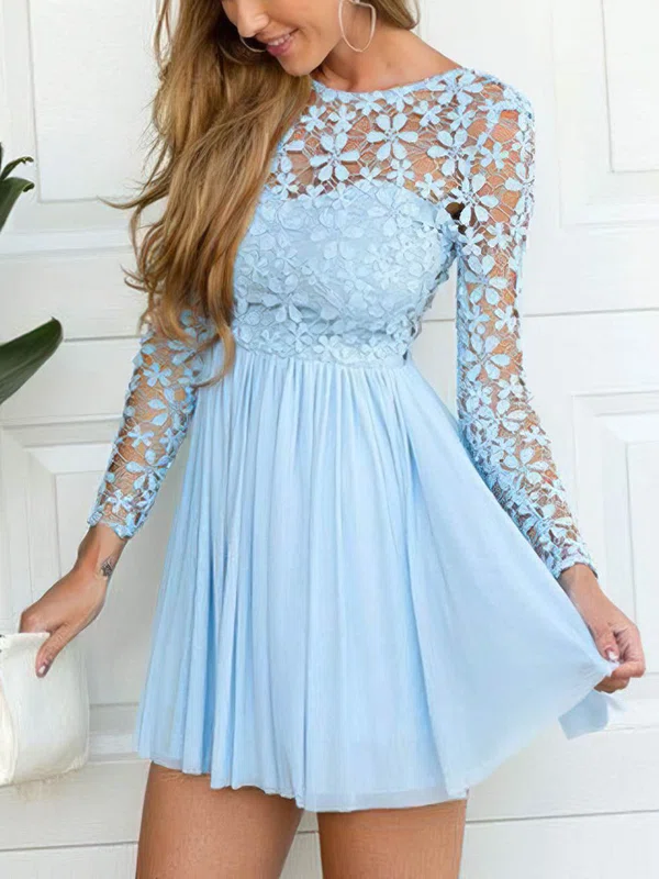 A-line Scoop Neck Lace Chiffon Short/Mini Lace Prom Dresses #Favs020106314