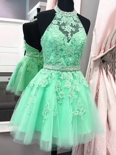 A-line Halter Tulle Short/Mini Beading Prom Dresses #Favs020106322