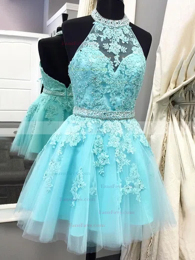 A-line Halter Tulle Short/Mini Beading Prom Dresses #Favs020106322