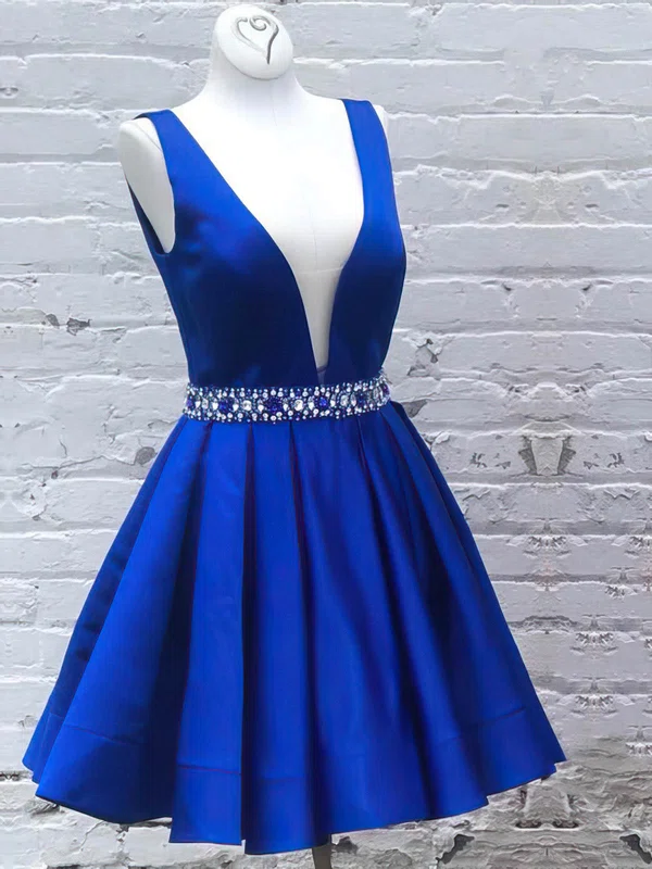 A-line V-neck Satin Short/Mini Beading Prom Dresses #Favs020106323